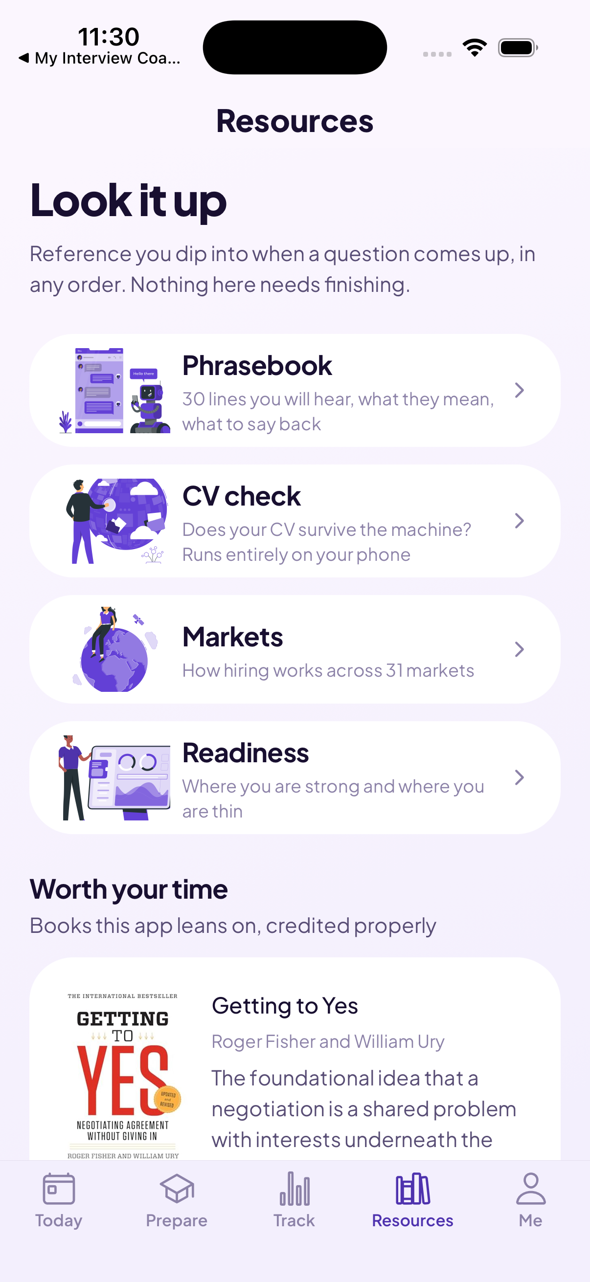 Resources tab listing the phrasebook, CV check, markets and readiness, all free