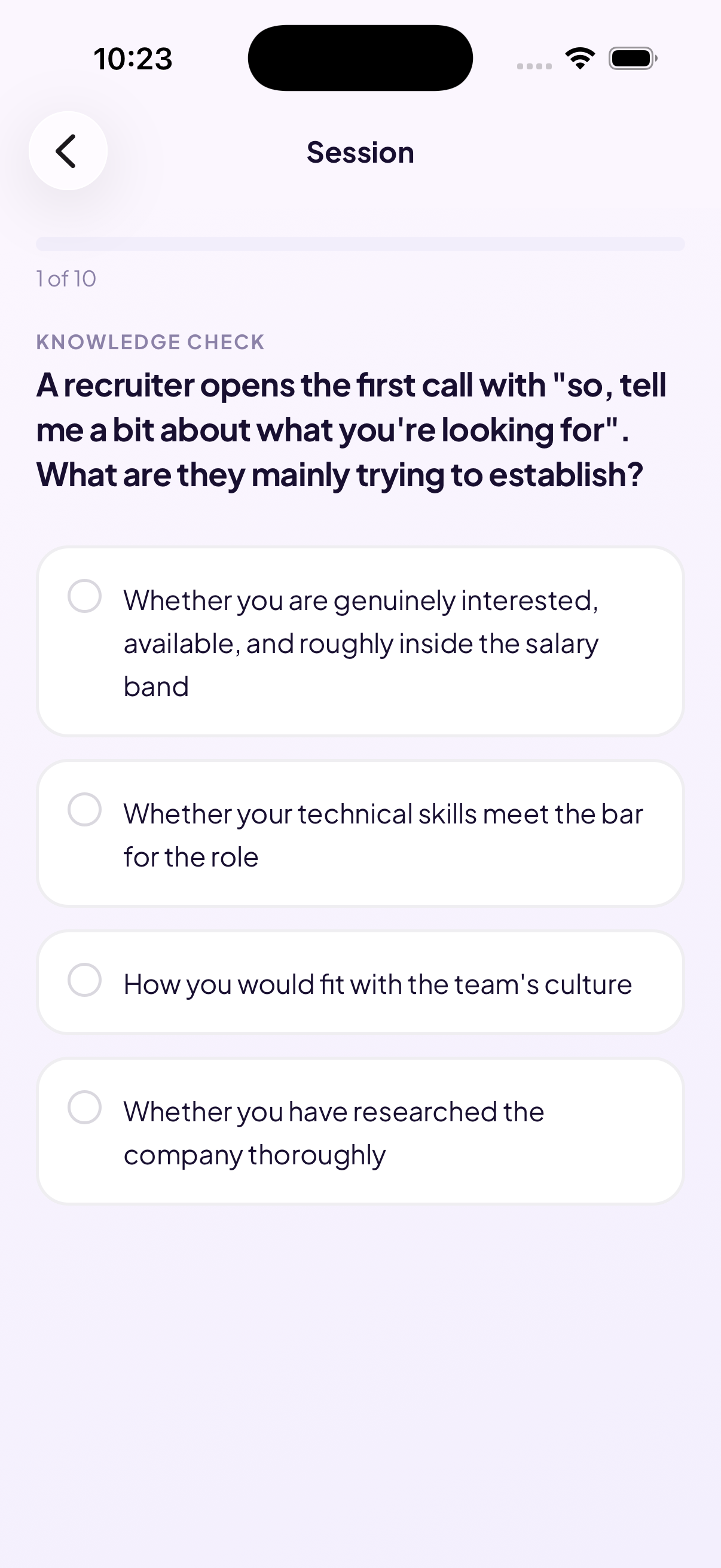 A knowledge check asking what a recruiter is really establishing on a first call